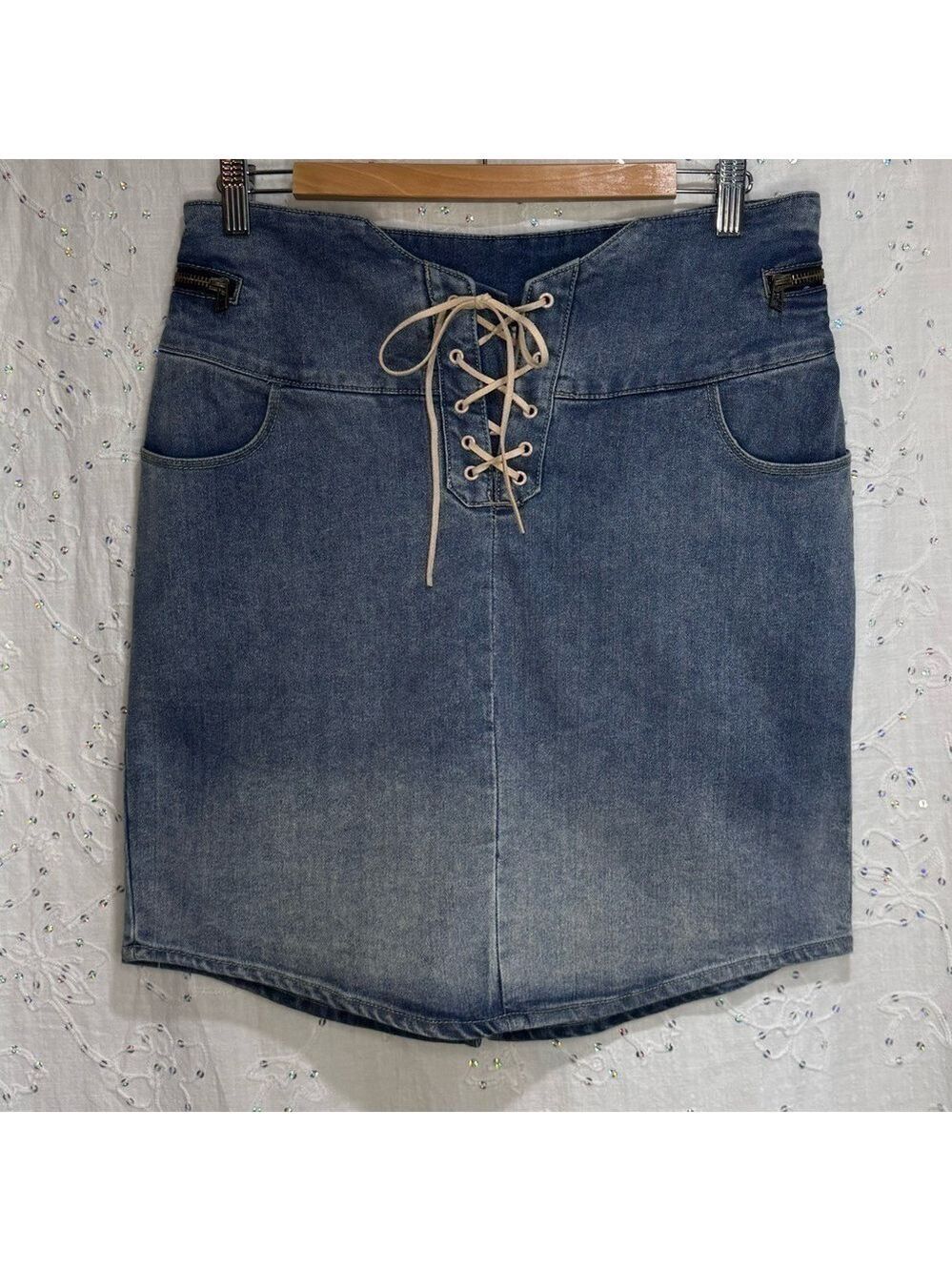 VENUS Lace Up Pencil Fit Denim Mini Skirt High-Waisted Size 6 (30”) Like New